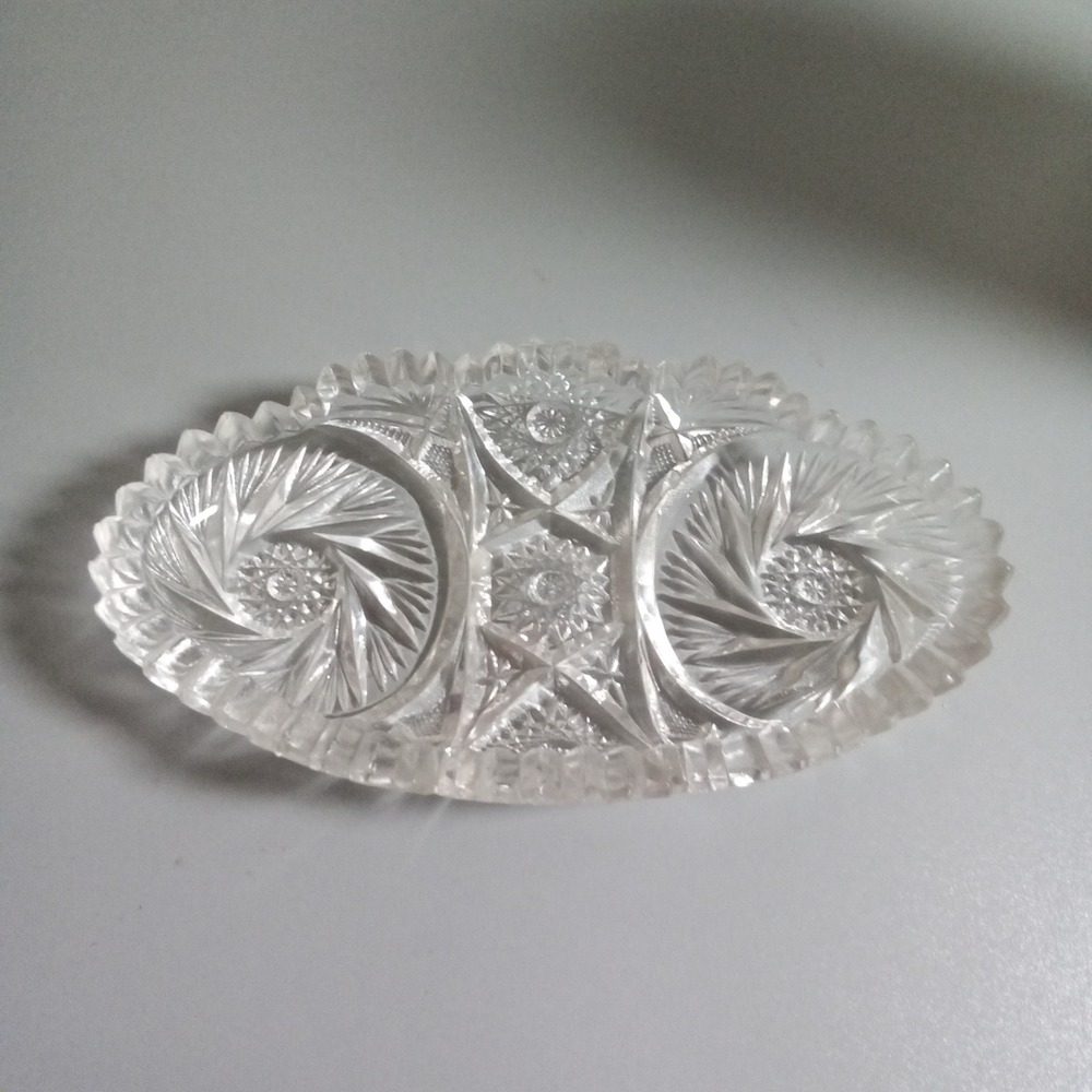 Vintage Clear Pressed Glass Oval Relish Dish Pinwheel Starburst Sawtooth Rim 8in